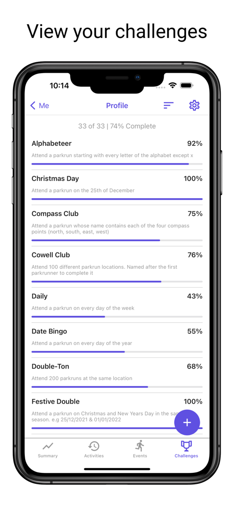 5K parkrunner results - A smartphone display showing various running challenges and progress percentages in the 5K parkrunner results app.