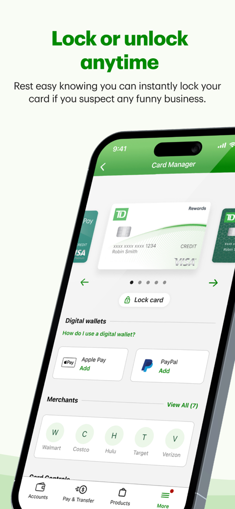 TD Bank (US) - Interface de l'application TD Bank US montrant l'écran du gestionnaire de cartes avec la fonctionnalité de verrouillage de carte et les options de portefeuille numérique