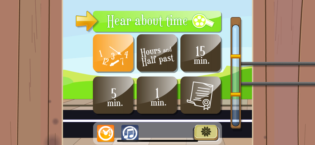 Main menu of Telling Time for Kids app showing educational levels for hours, half past, and minutes.