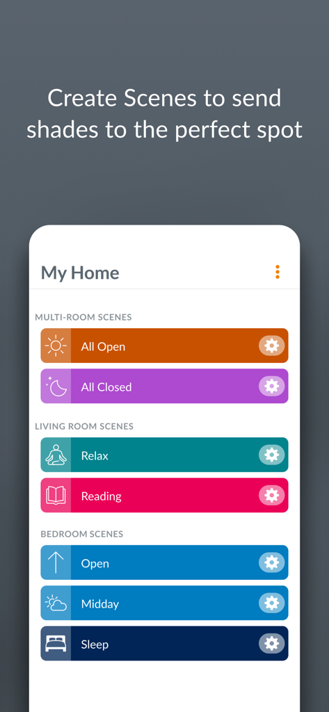 Écran de smartphone de l'application PowerView montrant un menu de scènes de stores personnalisées pour diverses pièces.