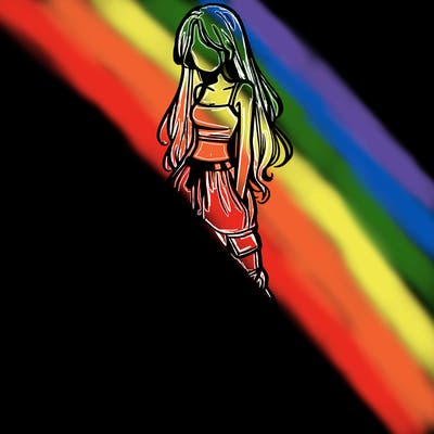 girl in baggy pants crop top and long hair