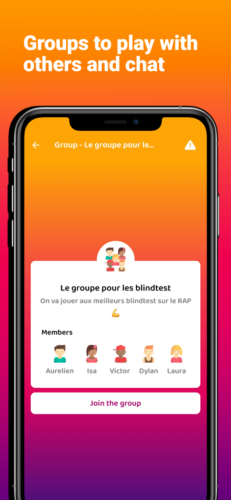 QuizHit - Blind test & Quiz - Interfaz de la aplicación QuizHit que muestra grupos sociales para pruebas a ciegas y chat comunitario.