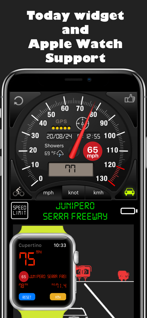 Speedometer ⊲ - Interfaz de la aplicación Velocímetro en iPhone y Apple Watch mostrando velocidad y datos de ubicación en tiempo real