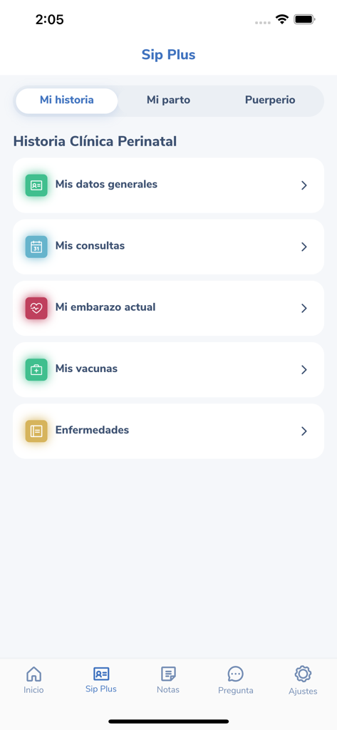 MiSip - Tela de registro clínico digital do aplicativo MiSip mostrando opções de histórico de saúde perinatal em espanhol