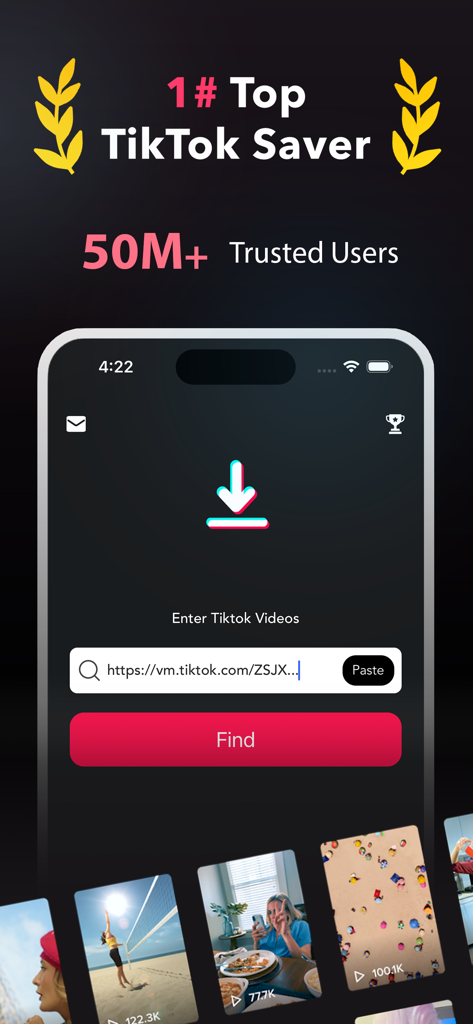 SaveTik app interface showing a search bar for TikTok video links and a find button