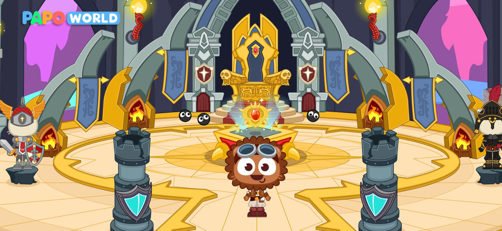 Papo Town: Underground City - Cartoon lion character in a castle throne room with knight armor and banners
