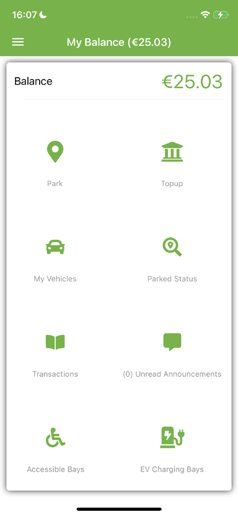 계정 잔액과 서비스 아이콘을 표시하는 리머릭 e-주차 앱의 메인 대시보드