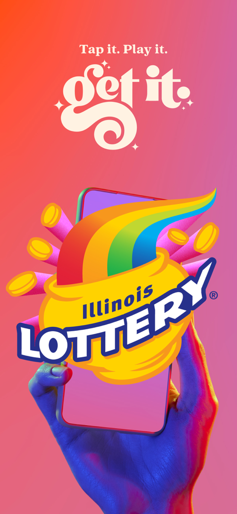 A hand holding a smartphone with a pot of gold and rainbow graphic for the Illinois Lottery Official App.