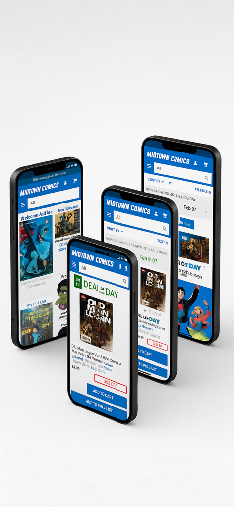 Midtown Comics - A display of four smartphones showing the Midtown Comics app interface for shopping comics and collectibles