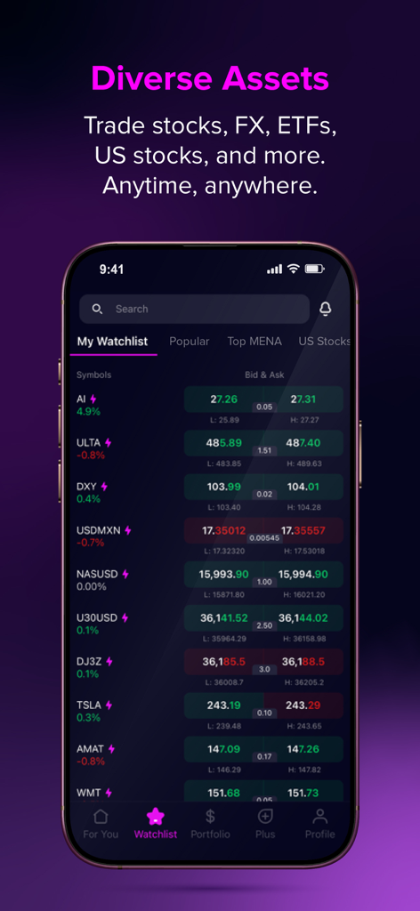 Trading & Investing App: amana - amana取引アプリのインターフェース。グローバル株や外国為替を含む多様な資産のウォッチリストを表示