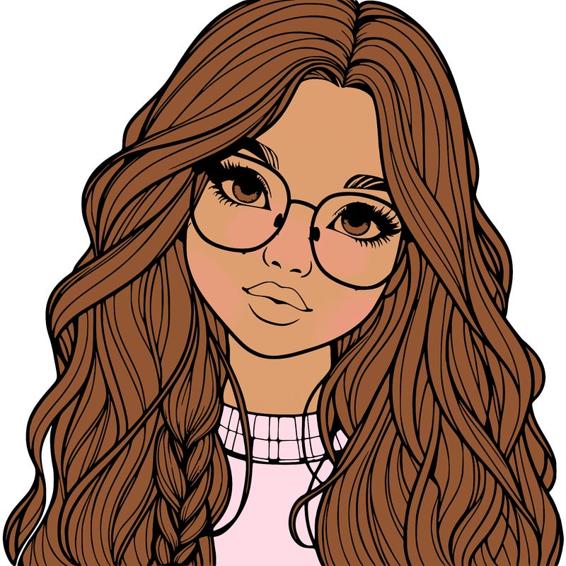 girl with long hair and freckles and glasses realistic