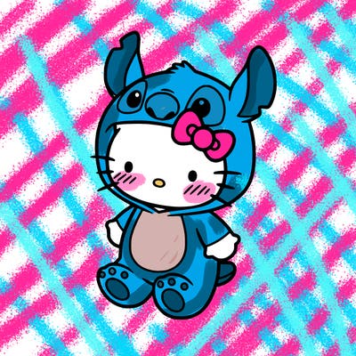 little cute hello kitty, blushing with little stitch costume