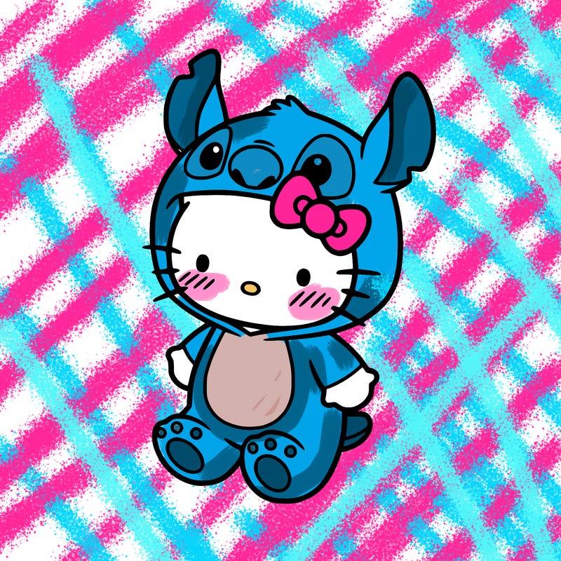 little cute hello kitty, blushing with little stitch costume