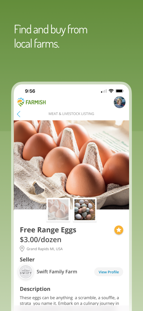 Farmish - Interface de l'application mobile Farmish montrant une annonce locale pour des œufs de poules élevées en plein air de la ferme Swift Family.