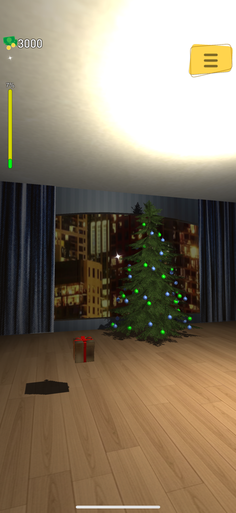 Un soggiorno virtuale con un albero di Natale decorato e vista sullo skyline della città in Lucky wheel fortune