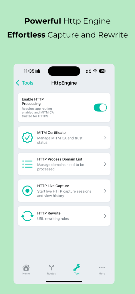 MintFlow NetStack - MintFlow NetStack HTTP Engine settings screen with options for MITM certificates, domain lists, and live traffic capture.
