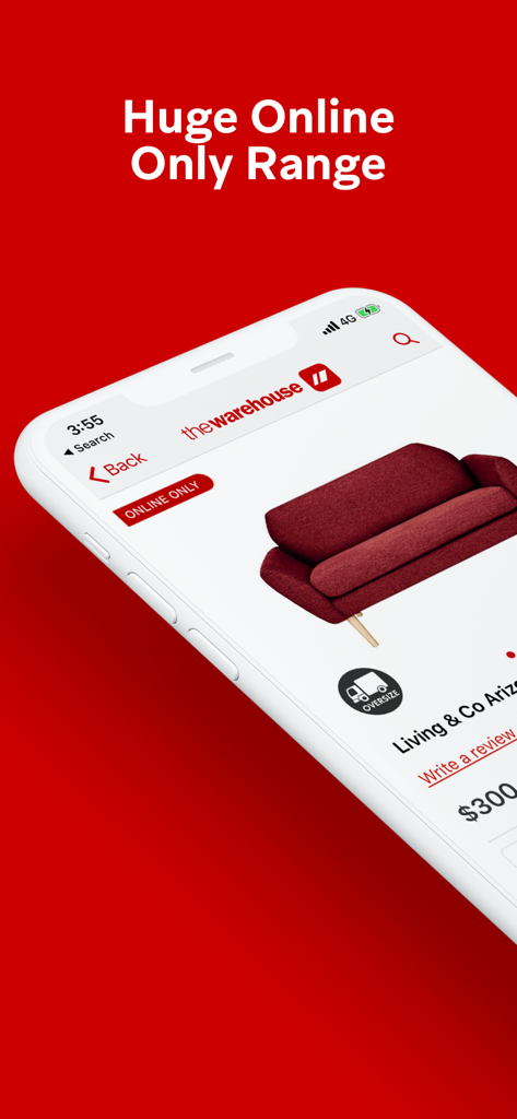 O aplicativo de compras The Warehouse exibindo um sofá vermelho disponível como oferta apenas online