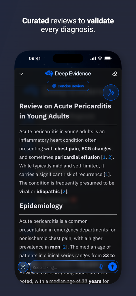 Deep Evidence: Clinical AI - A mobile app interface showing a cited clinical review of acute pericarditis in young adults