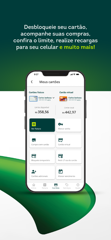 FortBrasil: Cartão de crédito - Interface do aplicativo móvel mostrando recursos de gerenciamento de cartão de crédito, incluindo limites e visualização de faturas em português