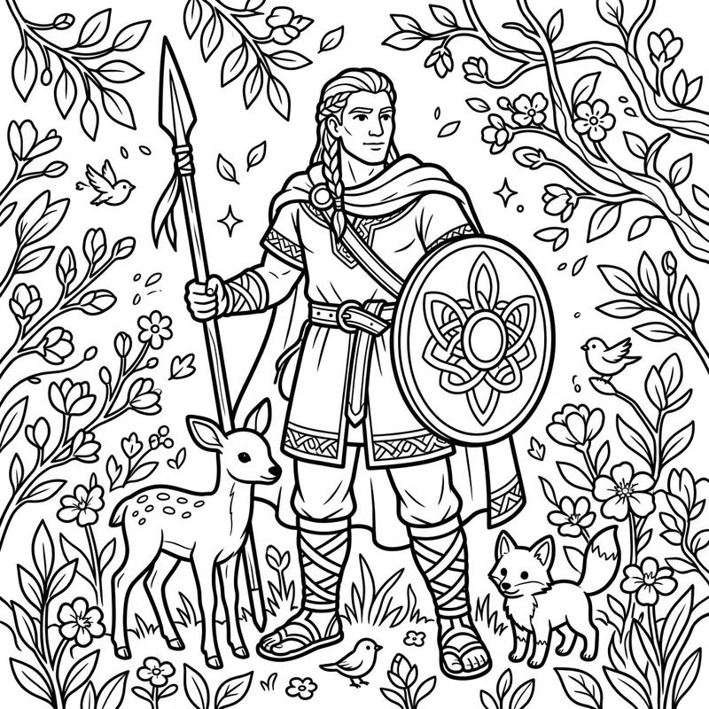 Immerse yourself in Irish mythology with this enchanting coloring page featuring the legendary Fionn mac Cumhaill amidst a blossoming spring landscape. Discover cute forest animals and intricate floral designs, perfect for a relaxing creative session.