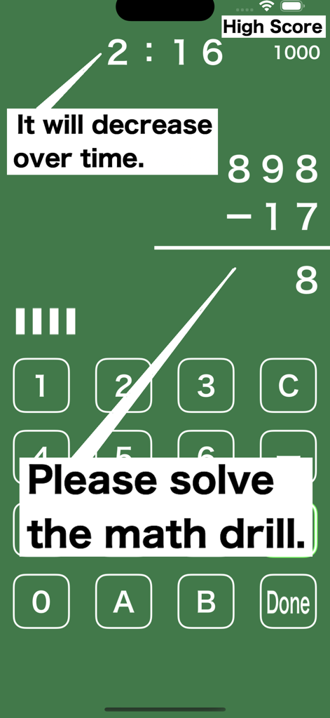 Math quiz / Calculator quiz - A mental math subtraction drill with a countdown timer and numeric keypad on a green background.
