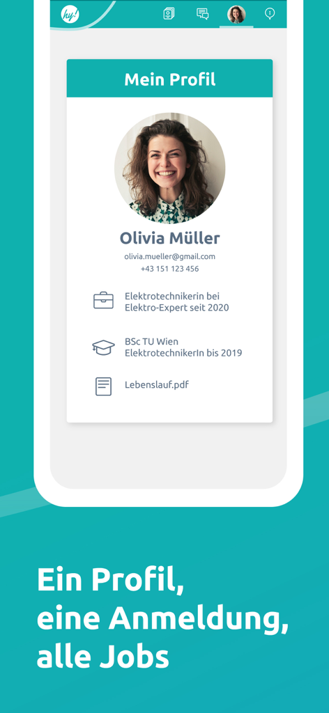 hokify - Jobsuche & Bewerbung - Interfaz de la aplicación hokify que muestra un perfil de usuario personal con historial laboral y educación