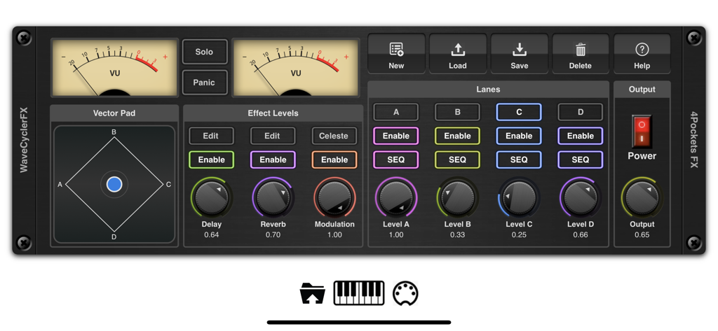 EvolverFX AUv3 Audio Plugin - Main control panel of the EvolverFX AUv3 audio plugin featuring analog VU meters a vector pad and four sequencer lanes