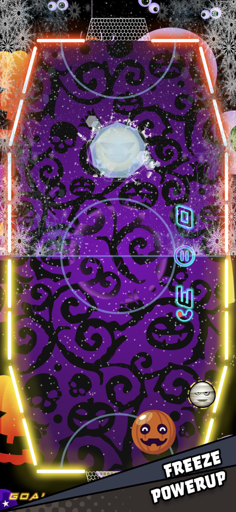 Air Hockey Glow HD Arcade 2D - Air hockey gameplay showing a Halloween theme and freeze powerup