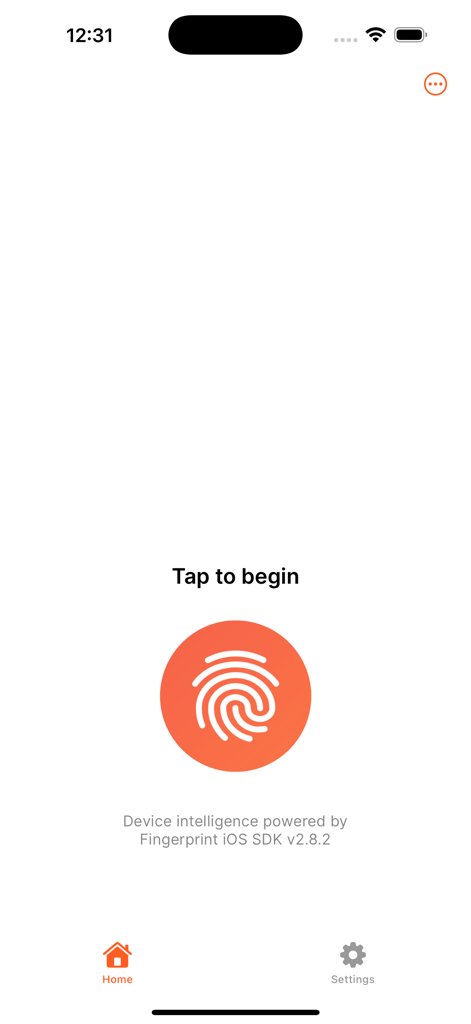 Fingerprint Pro mobile app home screen featuring a large orange fingerprint icon and a tap to begin prompt