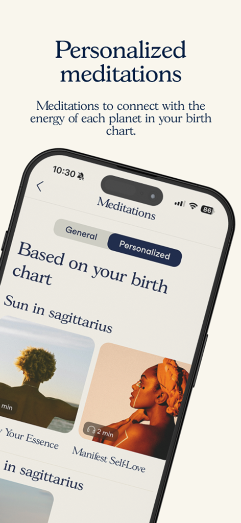 Screenshot of Soulloop app showing meditation exercises tailored to a user birth chart and astrological signs.