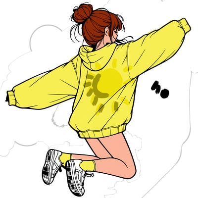 realistic girl jumping with a bun and oversized sweatshirt