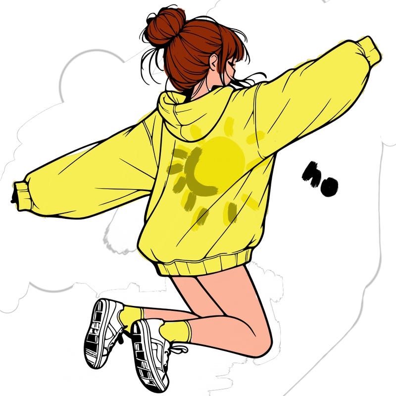 realistic girl jumping with a bun and oversized sweatshirt