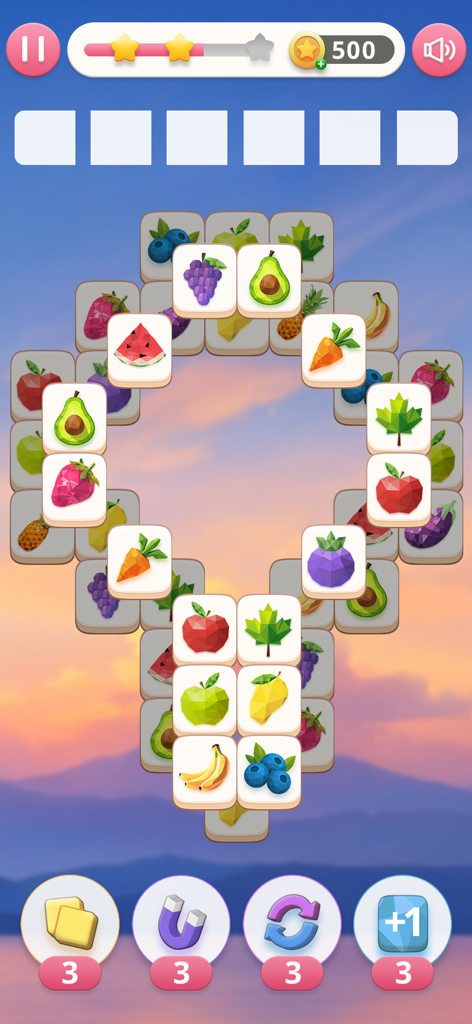2 Tiles - Duo Match - A colorful fruit tile matching puzzle game with a sunset background