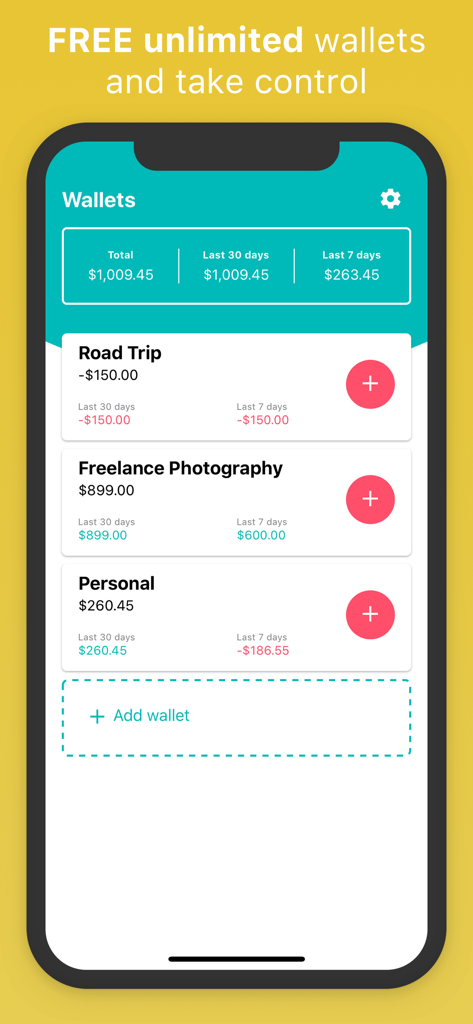 Bookipi mobile app interface showing separate wallets for freelance business and personal expenses