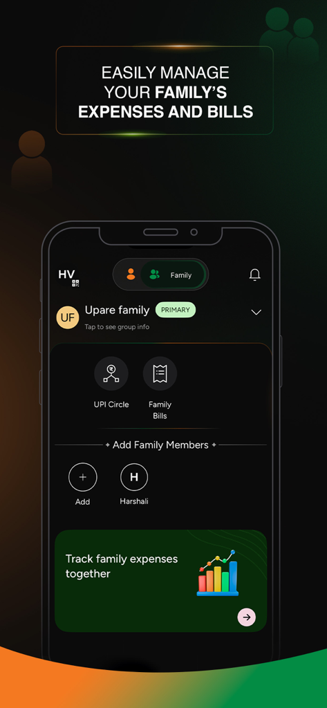 BHIM app interface displaying the Family Mode feature to manage and track shared expenses and bills