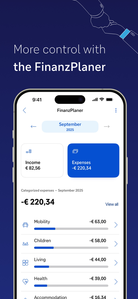 FinanzPlaner-Bildschirm der Deutsche Bank App mit Übersicht über Einnahmen und kategorisierte Ausgaben