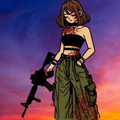 a dangerous girlcrop top and baggy jeans with a rifle in her hand