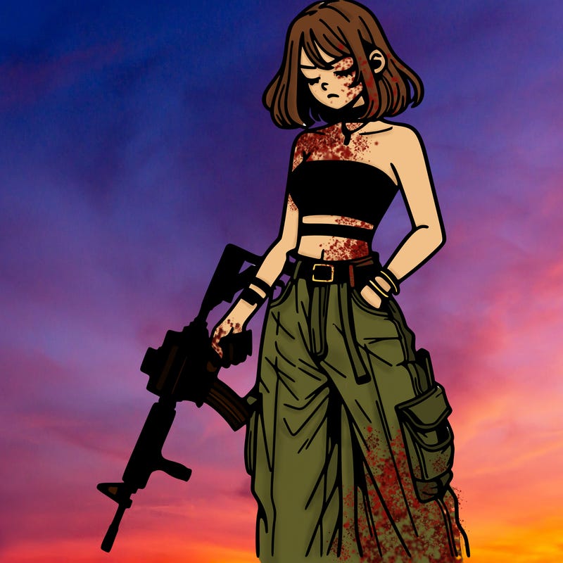 a dangerous girlcrop top and baggy jeans with a rifle in her hand