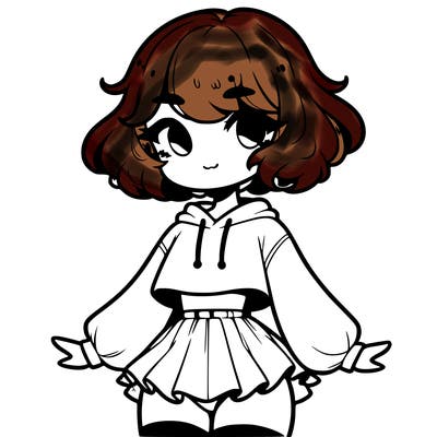cute femboy with short, fluffy hair that softly frames their face, wearing a cropped hoodie, paired with a flouncy short skirt, and thigh-high stockings