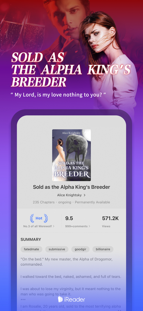 A preview of the romance novel Sold as the Alpha King's Breeder on the iReader app.