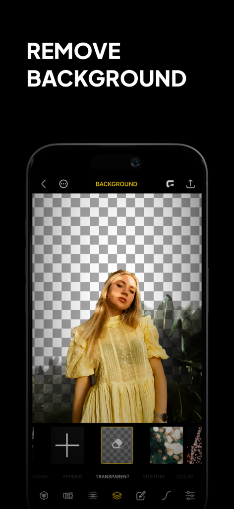 Phocus: Portrait Mode Editor - A screenshot of the Phocus app interface showing a woman's portrait with the background removed against a transparent grid