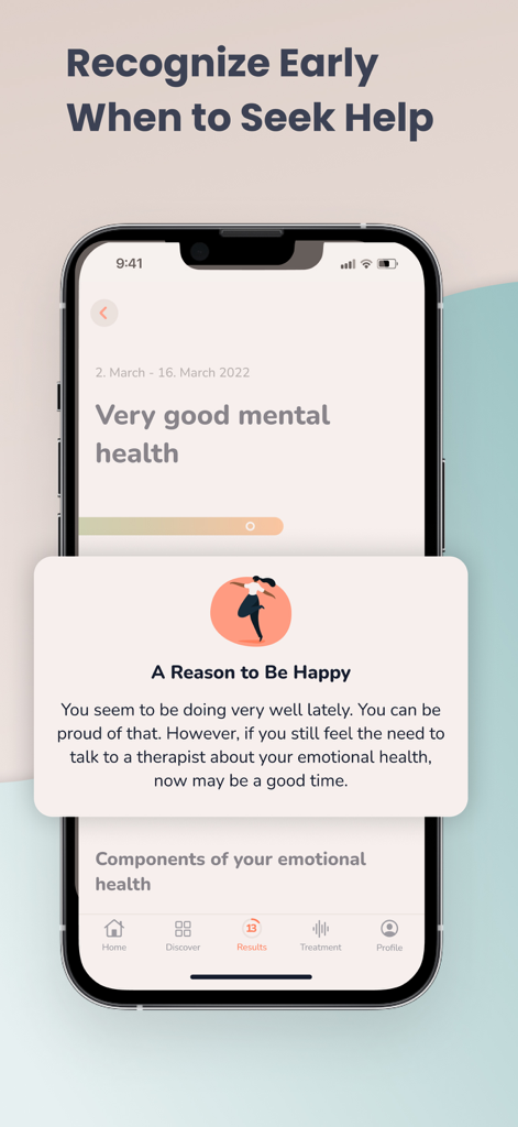 MindDoc app screen showing mental health assessment results and a recommendation to talk to a therapist