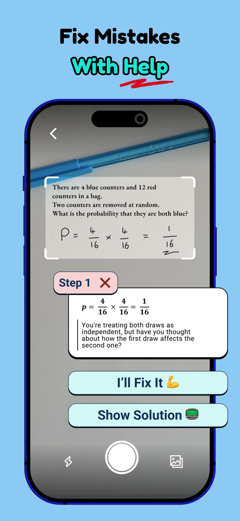 Stimy AI: Math Solver & Tutor - Stimy AI math solver identifying a mistake in a handwritten probability problem with a helpful hint.