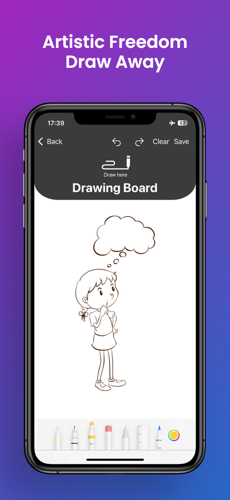 AR Drawing: Sketching & Paint - Interface of the AR Drawing app showing a digital drawing board with a sketch of a girl and various art tools like pencils and markers.