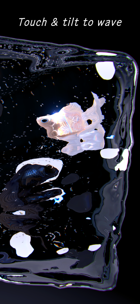 RYUKIN - Top-down view of a white and black goldfish swimming in a dark digital aquarium with touch and tilt instructions