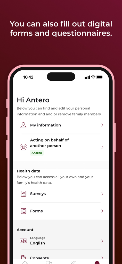 Lunna digital platform - Screenshot of the Lunna app dashboard showing health data surveys and personal account settings