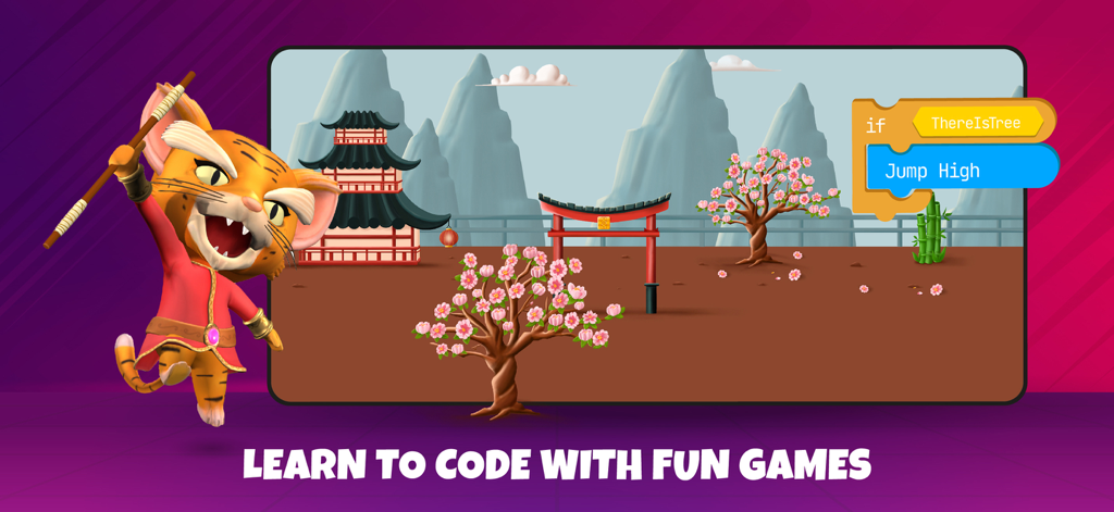A cartoon cat character next to visual code blocks and a martial arts themed landscape.
