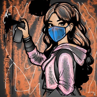 realistic girl with mask spray painting a wall