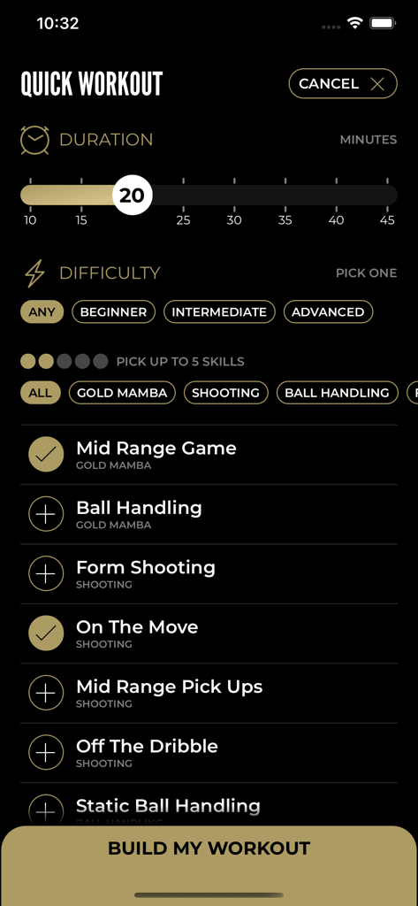 94FEETOFGAME Basketball Drills - Interface of the 94FEETOFGAME basketball training app showing options to customize a quick workout by duration difficulty and skill type