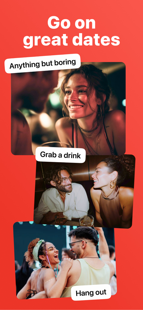 Flava: Casual Dating & Chat - Three couples enjoying various casual date activities like grabbing drinks and hanging out at a music festival.